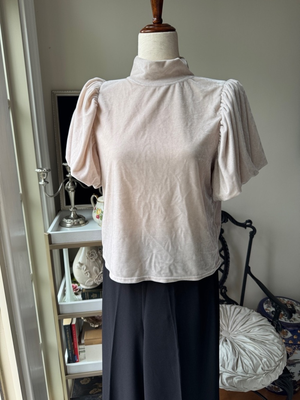 Free People Soft Blush Velvet Puff Sleeve Mock Neck Top